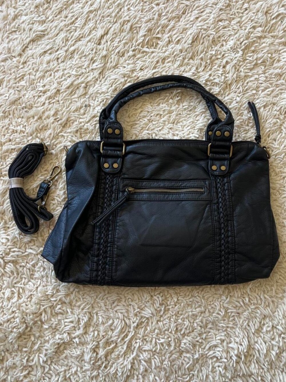 Black Faux Leather Satchel Handbag Braided Crossbody Strap